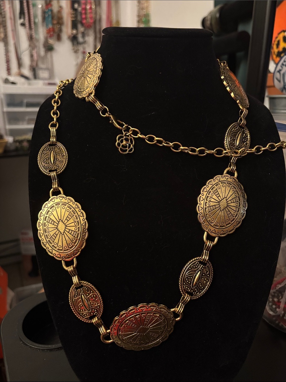 Western Style Gold-Tone Metal Concho Chain Waist Belt